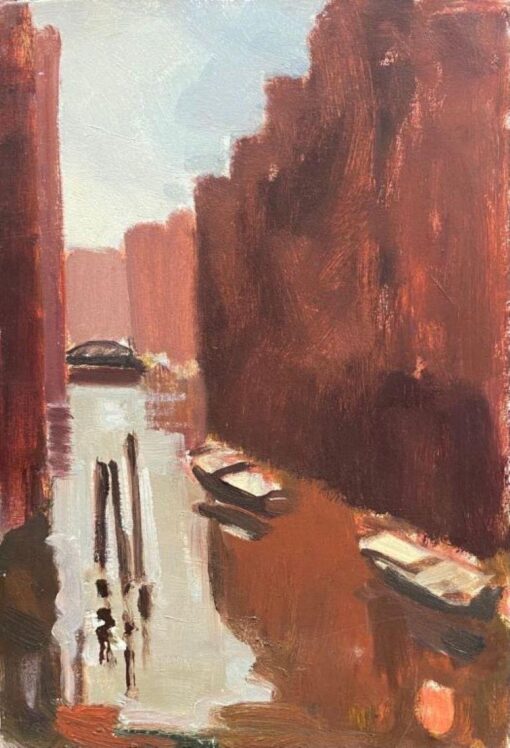 1900-1999 German Modernist Oil Painting Canal Backwater Rust Colors