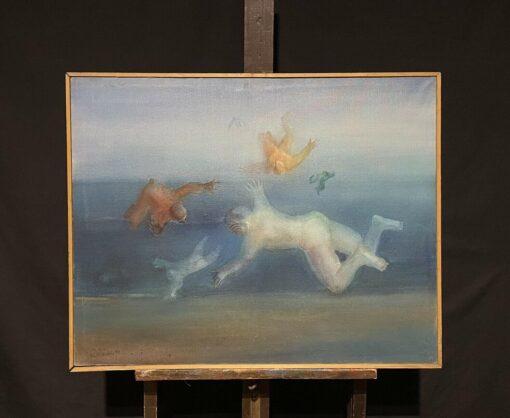 Huge 1970's French Surrealist Signed Oil Floating Figures in the Sky