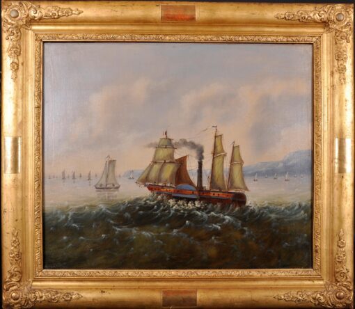 Fine 1800-1899 French Oil Painting - Paddle Steamer Ship Choppy Waters