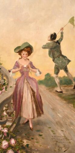 Antique Signed Oil - Elegant Courtship Figures Chasing a Butterfly with Net