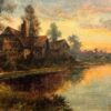 Antique English Signed Oil Sunset River Landscape with Cottages, framed