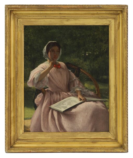 Large Victorian Signed Oil Painting Lady Artist Seated Sketching in Garden 1862