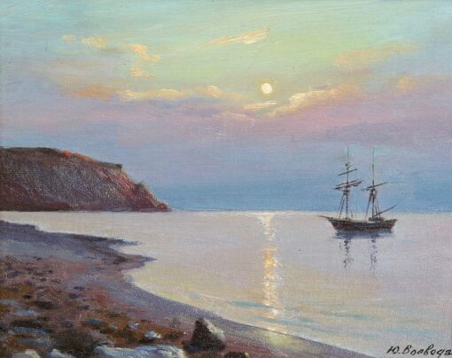 FINE RUSSIAN SIGNED OIL - SAILING BOAT ANCHORED COASTLINE AT SUNSET - FRAMED