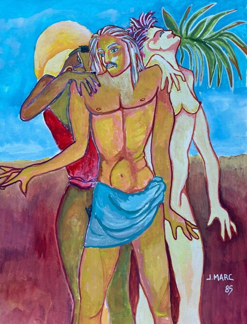COLORFUL 1900-1999 FRENCH MODERNIST PAINTING - NUDE FIGURES IN DESERT