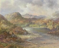 Scottish Highlands with Stags by Loch, signed Original British Oil Painting