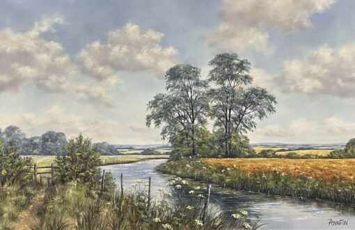 DEBORAH POYNTON - LARGE BRITISH OIL PAINTING - RIVER LANDSCAPE WHEAT & POPPY FIE