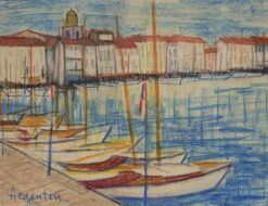 Mid 1900-1999 French Painting - St. Tropez Harbour with Boats lined up