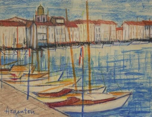 Mid 1900-1999 French Painting - St. Tropez Harbour with Boats lined up