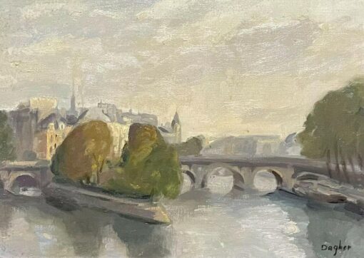 1970's FRENCH SIGNED OIL - MOODY PARISIAN RIVER SEINE SCENE - MUTED COLOUR RANGE