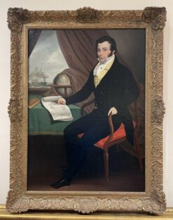 ANGLO-AMERICAN SCHOOL C. 1820'S  PORTRAIT OF MERCHANT ON SHIP WITH GLOBE & MAP