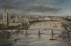 The River Thames London Skyline, Houses of Parliament & Big Ben, signed oil