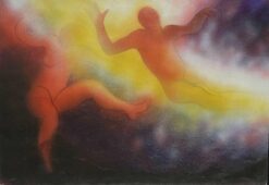 Huge French Surrealist Fantasy Oil Painting Floating Figures, signed