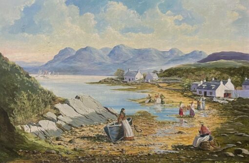 Scottish Coastal Seascape Fishing Village Fisherfolk on the Shore, Large Oil