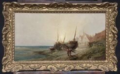 1800-1899 French Signed Oil, Fishing Folk on the Shore at Sunrise by Boats