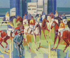 Large French Modernist Cubist Signed Oil - Jockeys on Horseback Parading