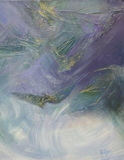 Large French Contemporary Abstract Painting Teal Blue & Silvery Green Colors