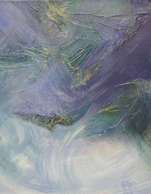 Large French Contemporary Abstract Painting Teal Blue & Silvery Green Colors