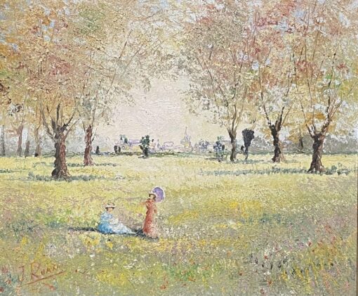 Fine French Impressionist Signed Oil Elegant Ladies with Parasols in Meadows