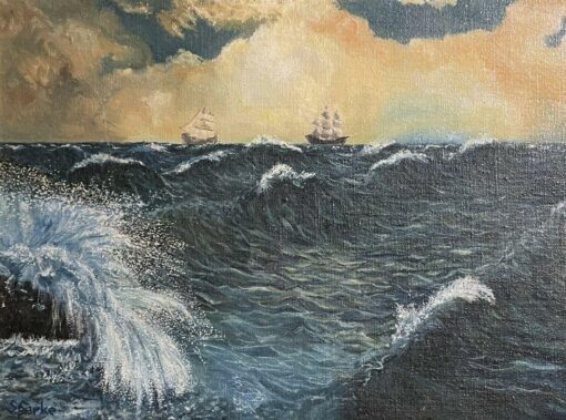 Heaving Seas and Sailing Ship, signed English Post-Impressionist Oil Painting