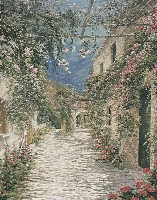 Beautiful French Impressionist Oil Garden Terrace with Flowers, large canvas