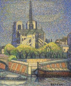 Pointillist School Oil Painting - Notre Dame River Seine Paris, signed original