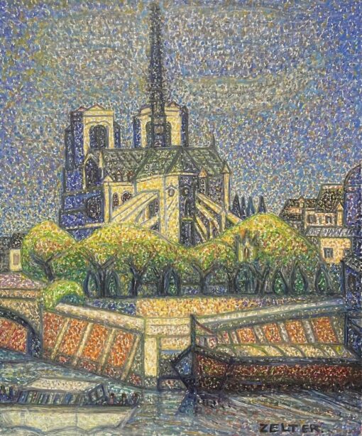 Pointillist School Oil Painting - Notre Dame River Seine Paris, signed original