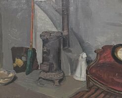 Mid 1900-1999 French Oil Interior Room Scene Wood Burner Stove, signed