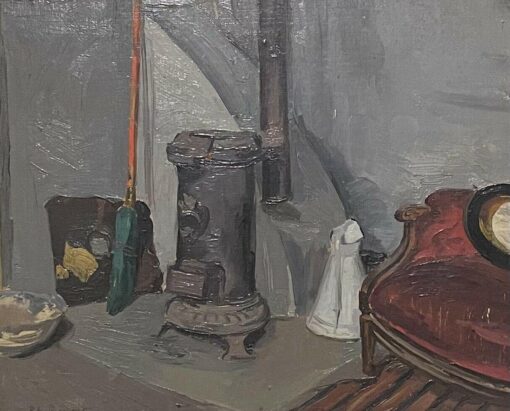 Mid 1900-1999 French Oil Interior Room Scene Wood Burner Stove, signed