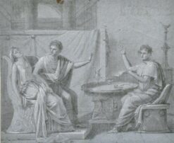 FINE 1700 - 1799 OLD MASTER CHALK DRAWING - ROMANESQUE FIGURES INTERIOR SCENE
