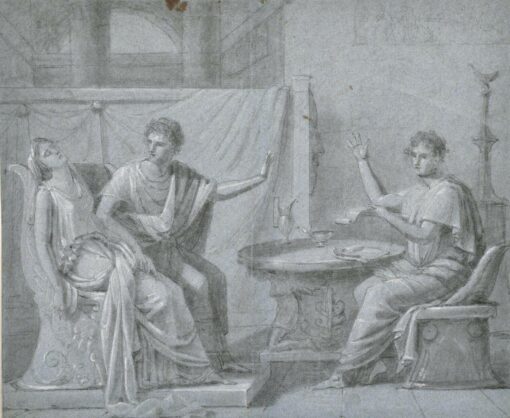 FINE 1700 - 1799 OLD MASTER CHALK DRAWING - ROMANESQUE FIGURES INTERIOR SCENE