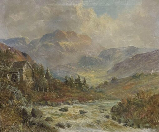 Antique Scottish Highlands Oil Painting Summer River Landscape, signed