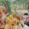 Huge French Surrealist Fantasy Oil Painting Carnival Figures Colorful