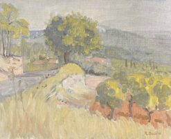 SIGNED FRENCH OIL - PROVENCE LANDSCAPE PASTEL COLORS GREEN LANDSCAPE TERRACOTTA