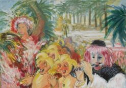 Huge French Surrealist Fantasy Oil Painting Carnival Figures Colorful