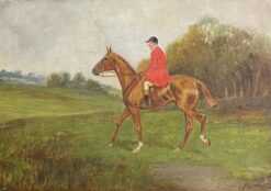 Antique British Hunting Scene Oil Painting - Huntsman on Horseback in Landscape