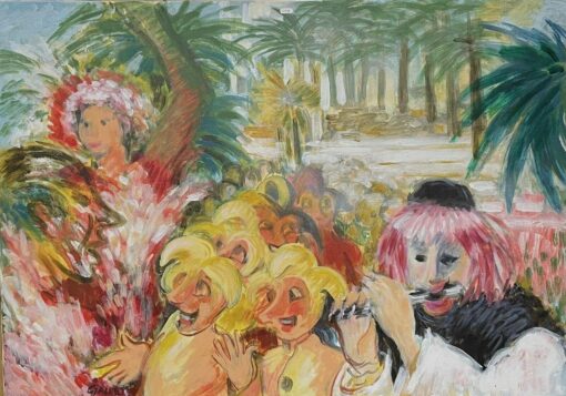 Huge French Surrealist Fantasy Oil Painting Carnival Figures Colorful