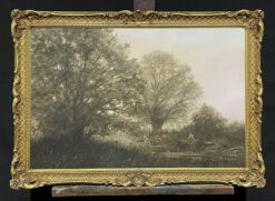 SIGNED VINTAGE ENGLISH OIL PAINTING - CHILDREN PLAYING BY WOODLAND STREAM