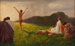 Large 1930's German Oil Male Nude Standing before Sunrise in Landscape