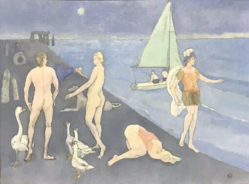 LARGE 1900-1999 SURREALIST OIL MALE & FEMALE WITH SWANS - SAILING BOATS