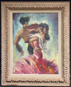 Mid-Century Oil Painting in Ornate Frame Flamenco Dance Scene in Vibrant Colors