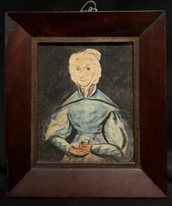 Antique English Folk Art Naive Portrait of Lady in Blue with Dark Wood Frame