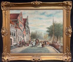 Busy Dutch Canal Market Scene Large Signed Oil Painting with Figures