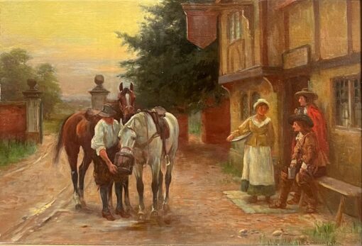 Fine Victorian Oil Painting Cavalry Men Resting Village Tavern Roadside Inn