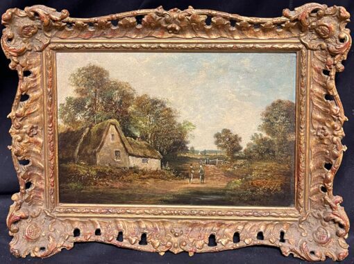 Charming 1800-1899 Oil Painting of Rural English Cottage Scene with Figures