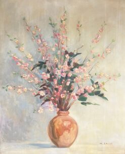 Huge Mid Century French Oil Floral Still Life Pink Blossoms in Terracotta Vase
