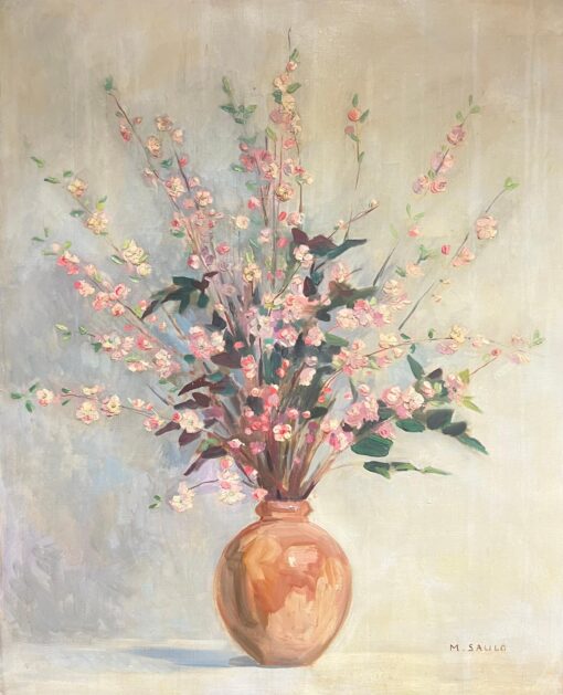 Huge Mid Century French Oil Floral Still Life Pink Blossoms in Terracotta Vase