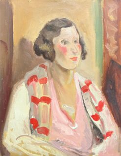 Vintage Portrait Portrait of Fashionable Woman Pink Shawl 1920's French Oil