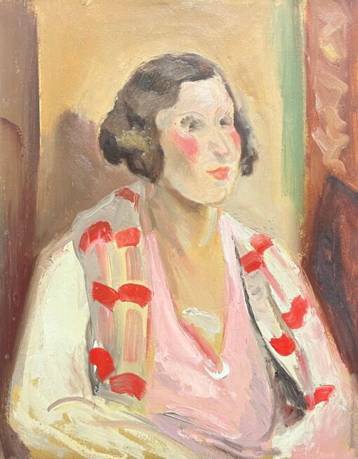 Vintage Portrait Portrait of Fashionable Woman Pink Shawl 1920's French Oil