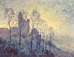 Vintage French Impressionist Oil Landscape Castle Silhouette Bare Trees at Dawn