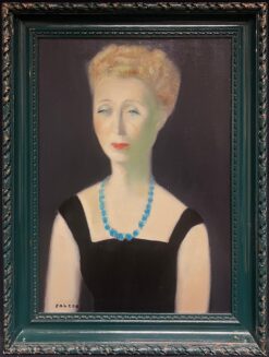 1960's Portrait of Parisian Lady in Pearls & Black Dress Signed Oil Painting